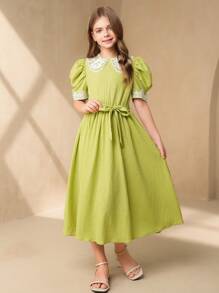Tween Girl Casual Academy Style Lace Trim Colorblock Red Formal Party Occasion Dress - Green - View 5