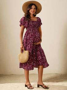 SHEIN Maternity Casual Fully Allover Print Ruffle Hem Dress - Burgundy - View 5