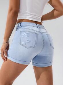 SHEIN PETITE Summer Casual Washed Ripped Slim Denim Shorts - Light Wash - View 2