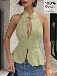 Siren Gaze 女式系带镂空修身吊带背心上衣、开衩衬衫短款上衣 - 綠色 - 查看 5