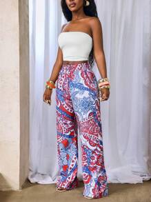 BamGleam 女士花卉印花松紧腰直筒休闲裤，适合度假穿着 - 彩色 - 查看 6