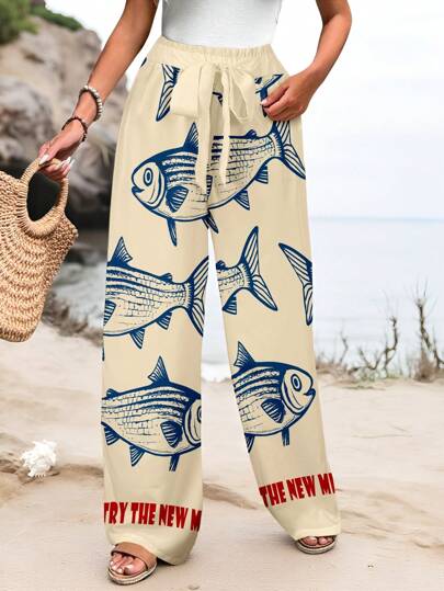 SHEIN LUNE Casual Minimalist Cartoon Shark Pattern Women Drawstring Waist Loose Pants, Suitable For Spring/Summer