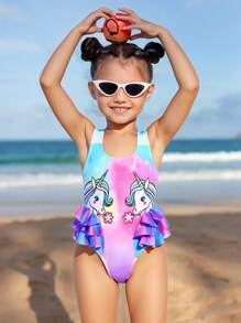 SHEIN Young Girl Gradient Unicorn Print Ruffled One-Piece Swimsuit, Summer