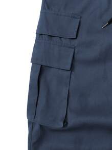 Manfinity Homme Men's Solid Color Drawstring Waist Cargo Pocket Casual Pants, Fall - Navy Blue - View 5