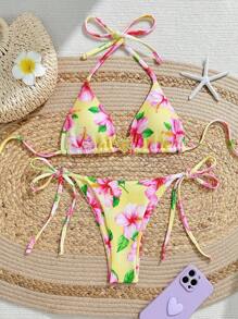 Swim Mod Women's 2pcs Summer Beach Holiday Bubble Fabric Floral Print Random Halter Top & Metal Decor Tie-Up Bikini Set - Multicolor - View 1