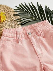 SHEIN Essnce Vacation Casual Washed Denim Frayed Shorts - Baby Pink - View 3