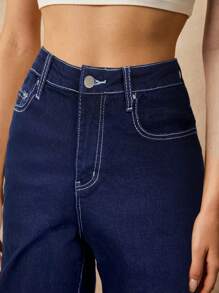 Poéselle 女式宽松直筒休闲牛仔裤，带口袋，百搭 - 深色水洗藍 - 查看 3