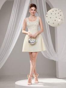 Poshira Abito da sera lungo e ampio in tulle con cristalli incrostati, senza maniche, da donna, taglia comoda, abito elegante da laurea o da cerimonia, abito da donna bianco morbido, regalo di laurea, abito da festa, abito da ballo