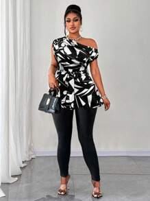 Maweii Áo kiểu nữ cỡ lớn không tay, vai lệch, vạt lệch, eo buộc dây, dáng ôm vừa vặn, thích hợp cho đi làm, mặc hàng ngày và đi nghỉ mát. - Đen và trắng - Xem 4