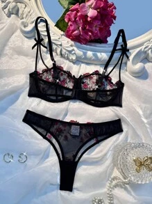 Set de 2 piezas lencería romántica, linda y sexy con bordado floral