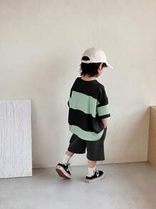 SHEIN 2pcs Young Boys Fashion Casual Versatile Comfortable Boys 2-Piece Set: Contrast Color Patchwork Crew Neck T-Shirt And Loose Cargo Shorts, Suitable For Spring/Summer, Daily Wear, Sports, Outings, School, Parties, Festivals, Photoshoots