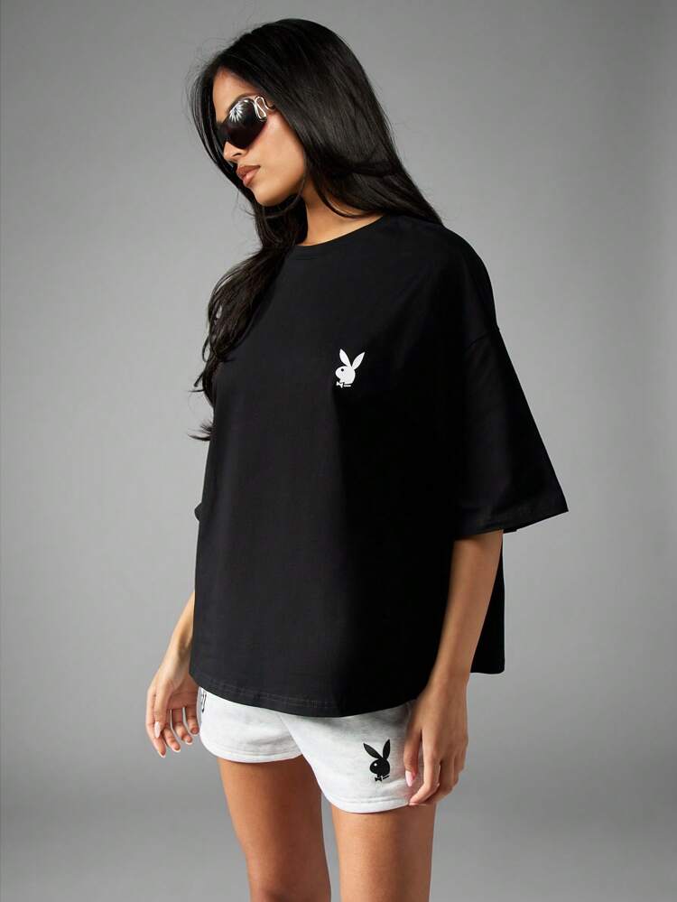 Missguided x Playboy Maglietta oversize stile cover di rivista, moda retrò streetwear, stampa grafica, manica corta, casual, essenziale per festival estivi, stile urbano Y2K