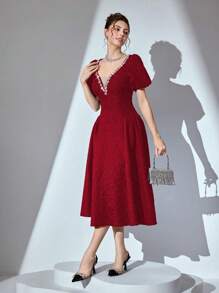 Poshira High-End Vintage Simple French Design Party Dress, Prom Dress - Burgundy - View 6
