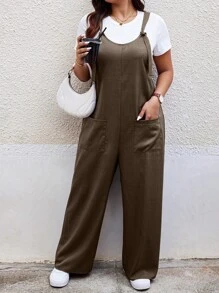 Calvaya Plus Size Women's Solid Color Double Pocket Wide Leg Loose Strap Jumpsuit