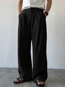 Claim Dot 男士纯色褶皱口袋宽松阔腿休闲裤，宽松黑色裤子，秋季