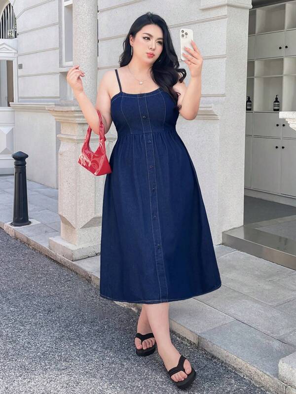 SHEIN ICON Plus Size Women's Vintage College Style Elegant Navy Blue Denim Overall Dress, Summer