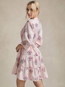 SHEIN LUNE Đầm ngắn thắt eo cổ chữ V in họa tiết cho nữ tay 3/4 - Hồng - Xem 4