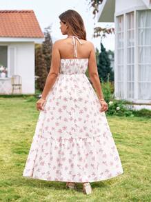 KURAYIA Plus Size Women Square Neck Sleeveless Romantic Holiday Drawstring Waist Digital Print White Dress, Spring/Summer - Pink - View 2