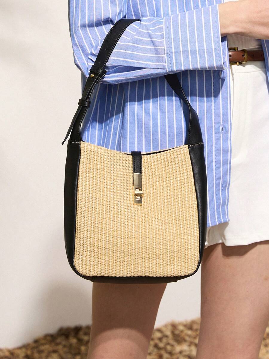 SHECARRY 女士单肩包秋冬季校园旅行通勤工作优雅精致豹纹草编包 - 彩色 - 查看 1