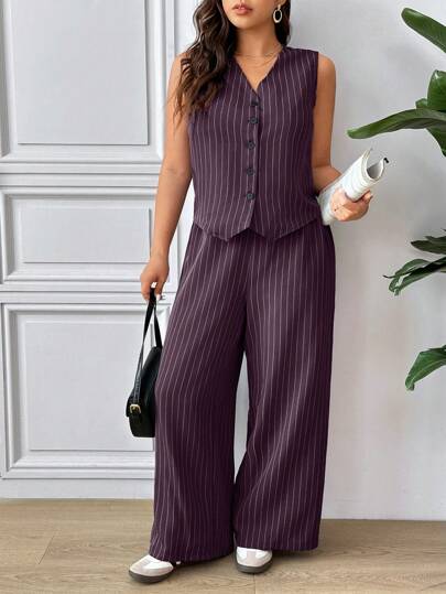 SHEIN Frenchy Plus Size Elegant Casual Commuter Vest Shirt And Straight-Leg Pants Set,Summer Outfits For Women,Business Casual Woman