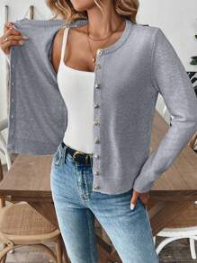 EMERY ROSE Women's Solid Color Front Button Casual Long Sleeve Cardigan Fall Winter Cloth For Women - Grey - View 3