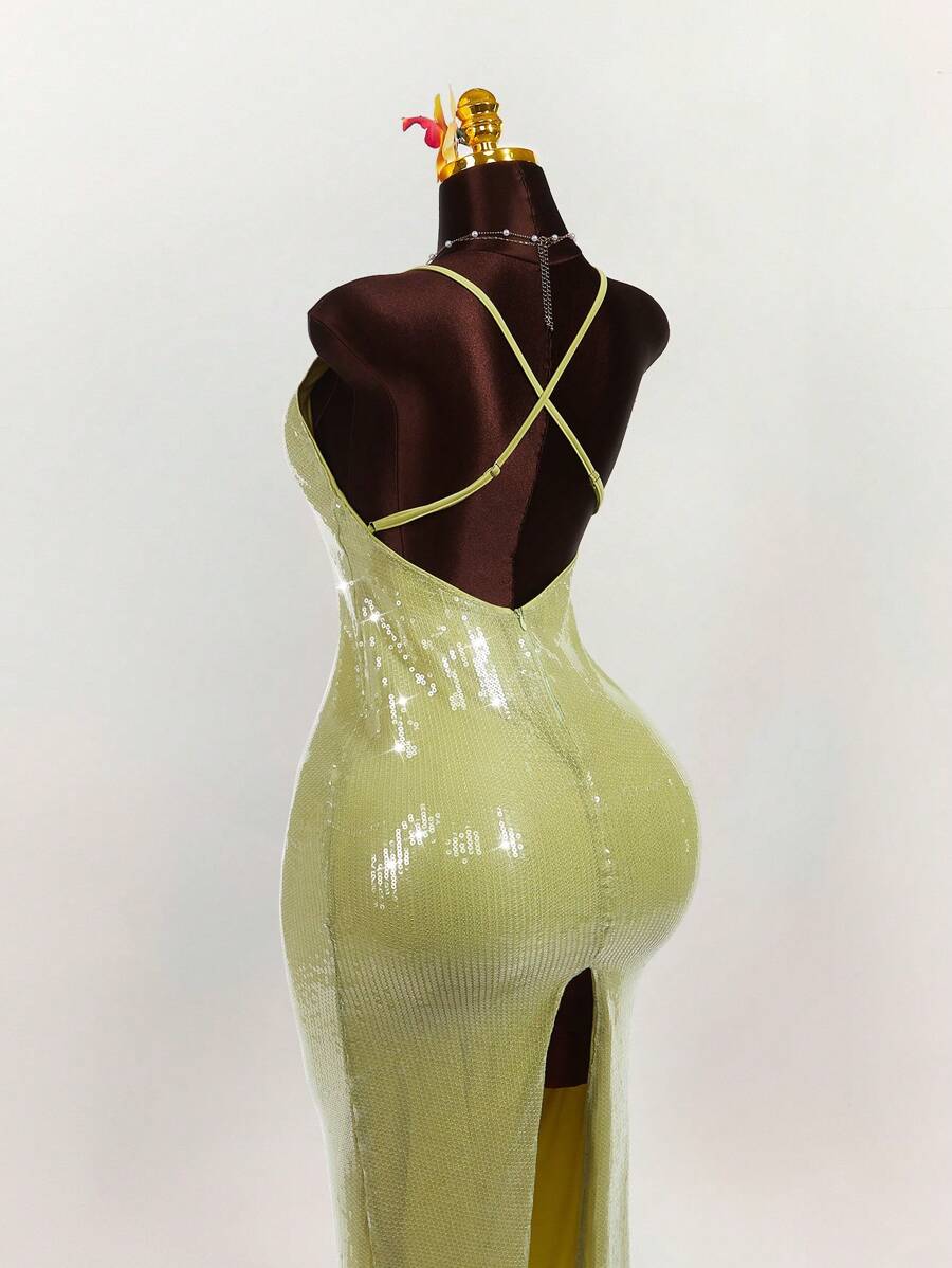 Amplova Robe de femme minimaliste et sexy à fente haute avec sequins