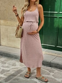 SHEIN Maternity Solid Color Waist Tie Side Slit Hem Casual Cami Dress  Ruffle  Vacation Summer  Women's Summer Dress  Maternity Dress  Vacation - Khaki - View 1