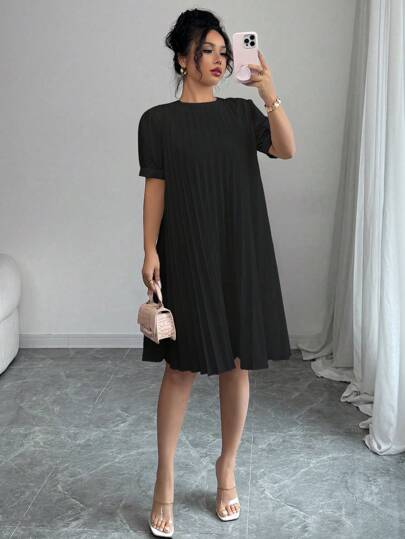 Elenzga Women Elegant Romantic Fashion Versatile Loose Plain Pleated Puff Sleeve Midi Dress, Spring/Summer