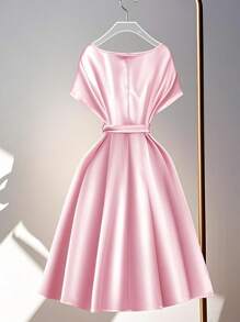 Franclia Women's Apricot Deep V-Neck Waist Tie-Up Satin Mid-Length Dress, Spring/Summer - Pink - View 2