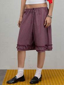 COUREZ Low Rise Check Frill Bermuda Shorts /Winter Clothes For Women Going Out Outfits Casual /Y2K 100%Cotton Fall Clothes For Women