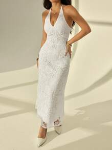 SHEIN PETITE Váy dài hở lưng hở lưng gợi cảm, ren tan trong nước thanh lịch cho dạ hội, tiệc cocktail, đám cưới, váy mùa hè, quần áo mùa xuân - trắng - Xem 3