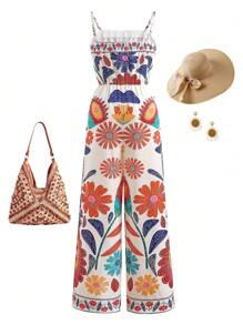 Teen Girl Casual Tropical Vacation-Style Floral Jumpsuit, Suitable For Beach Travel