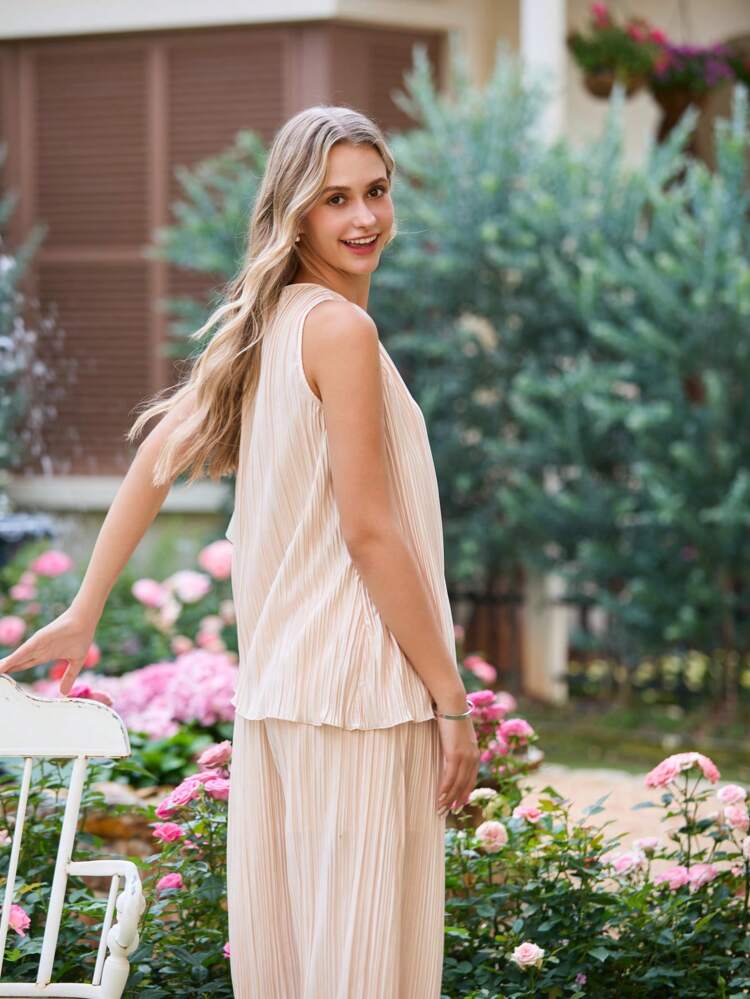 Women's Elegant Solid Color Asymmetrical Hem Tank Top & Wide Leg Pants 2 Pieces Set, Summer