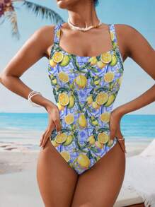 SHEIN Swim Summer Beach Vacation Fresh Lemon Printed One-Piece Swimsuit - Multicolor - View 3