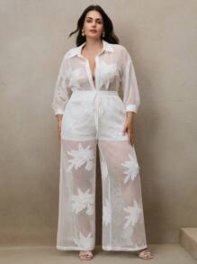 Anewsta 2 piezas Conjunto de playa o calle elegante y casual con flores grandes 3D bordadas huecas en color marrón, adecuado para primavera y verano