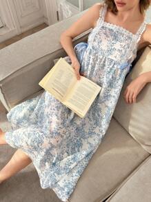 CottageSlumber Summer National Style Blue And White Porcelain Ditsy Floral Bowknot Decor Flounce Strap Nightgown Babydoll & Women Pajama Perfect Summer - Blue - View 4