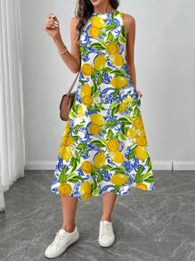 EMERY ROSE Vestido largo holgado hasta la rodilla con cuello redondo, estampado de limones y formas geométricas, adecuado para primavera/verano y vacaciones en la playa, talla grande - Multicolor - Ver 7