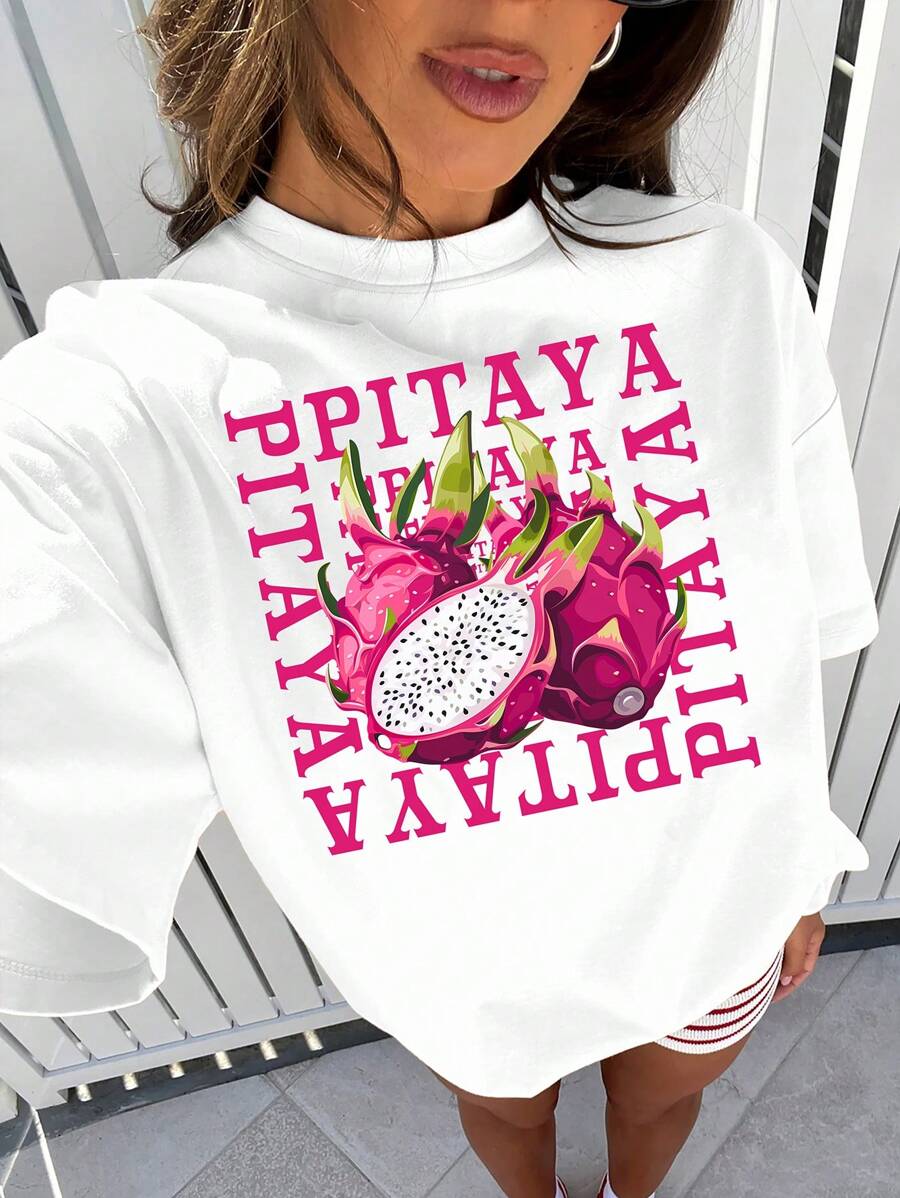 SHEIN VCAY 女士圆领宽松T恤，夏季时尚 - 白色 - 查看 1