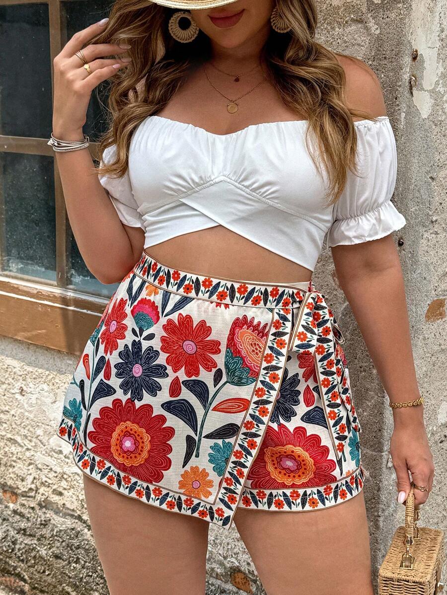 Breezaya 大码热带花卉印花短裤，3/4 长度，春夏 - 彩色 - 查看 1