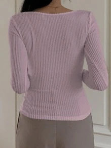 DAZY Women Casual Solid Color Lace Patchwork Fitted T-Shirt,Fall Clothes - Purple - View 3