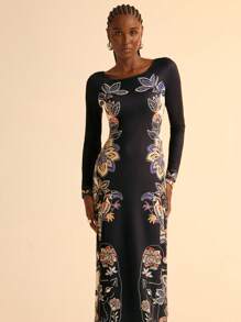 CAJUNI 波西米亚风热带植物花卉印花针织长袖女式紧身长裙，度假风格 - 彩色 - 查看 1