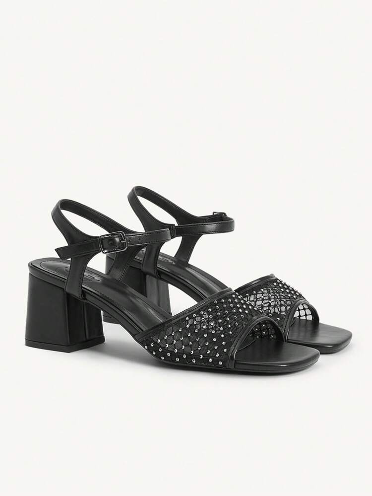 CUCCOO CHICEST Elegant Commuter Fashion Personalized Mesh Rhinestone High-Grade Black PU One-Buckle Strap Comfortable Versatile Square Toe Chunky Heel Women's Sandals, Fashionable Blogger Outfit, Formal/Workwear/Party/Date Wear