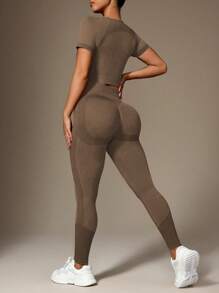 Slayform 女士拼接高弹无缝短款运动上衣和紧身裤套装健身套装