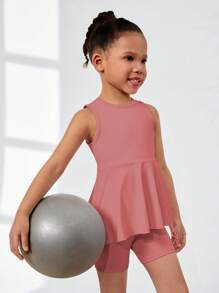 2pcs/Set Girls Sweet Solid Color Casual Short Sleeve Dress & Leggings Set, Suitable For Daily, Festival And Holiday Wear - Pink - View 4