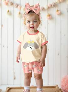 SHEIN Conjunto de 2 peças casual com estampa de cachorrinho fofo para bebê menina, camiseta de manga curta e shorts listrados, adequado para primavera/verão - Multicolorido - Ver 4