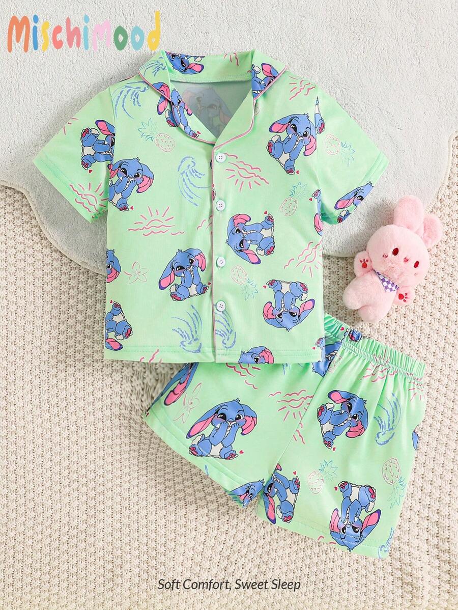 2pcs/Set Girls Cute Cartoon Droopy Ear Blue Rabbit Print Short Sleeve Top And Shorts Comfortable Casual Homewear Set Clothing Sets For Kids S Baby Clothes For Girls Kids Clothing Sets Kids Summer Clothes Outfit Set - Green - View 1