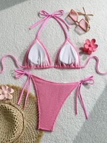Swim Mod 2 件套花卉图案面料吊带上衣和系带泳裤粉色比基尼套装女士度假泳装套装 - 粉色 - 查看 6