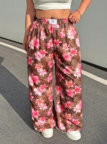 SHEIN EZwear Plus Size Women Leopard Print Woven Fabric Casual Everyday Work Versatile High Waist Wide Leg Loose Pants With Pockets,Summer Pants - Brown - View 4