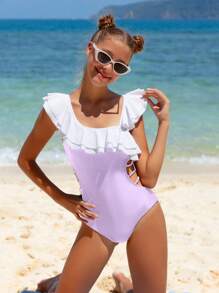 1pc Girls' Ruffled Fashionable Swimsuit - Mauve Purple - View 5