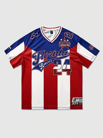 T-shirt décontracté ample à manches courtes et col V avec imprimé lettres pour hommes